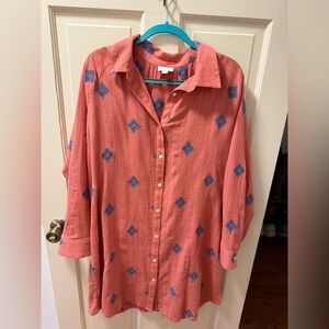 J. Jill Coral Button-Up Tunic with Blue Diamond Motif